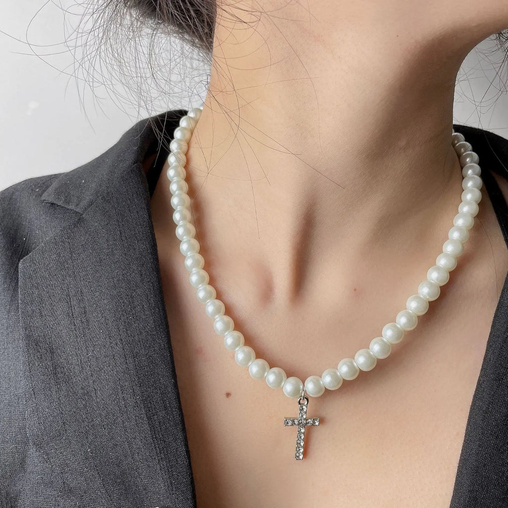 Pearl Cross Hip Hop Necklace