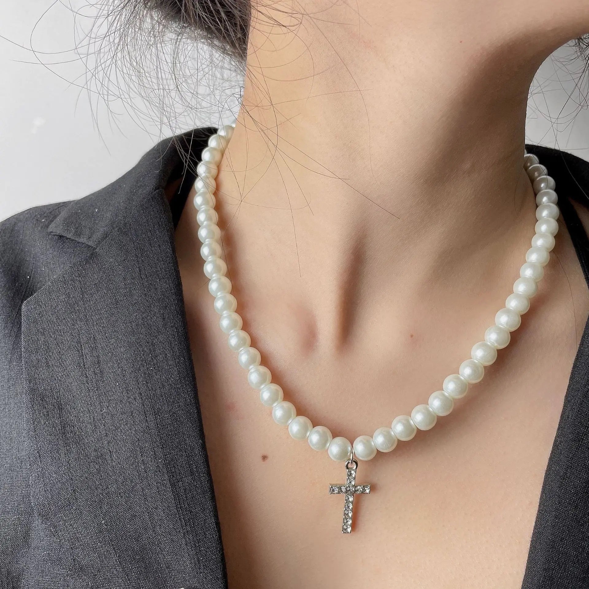 Pearl Cross Hip Hop Necklace