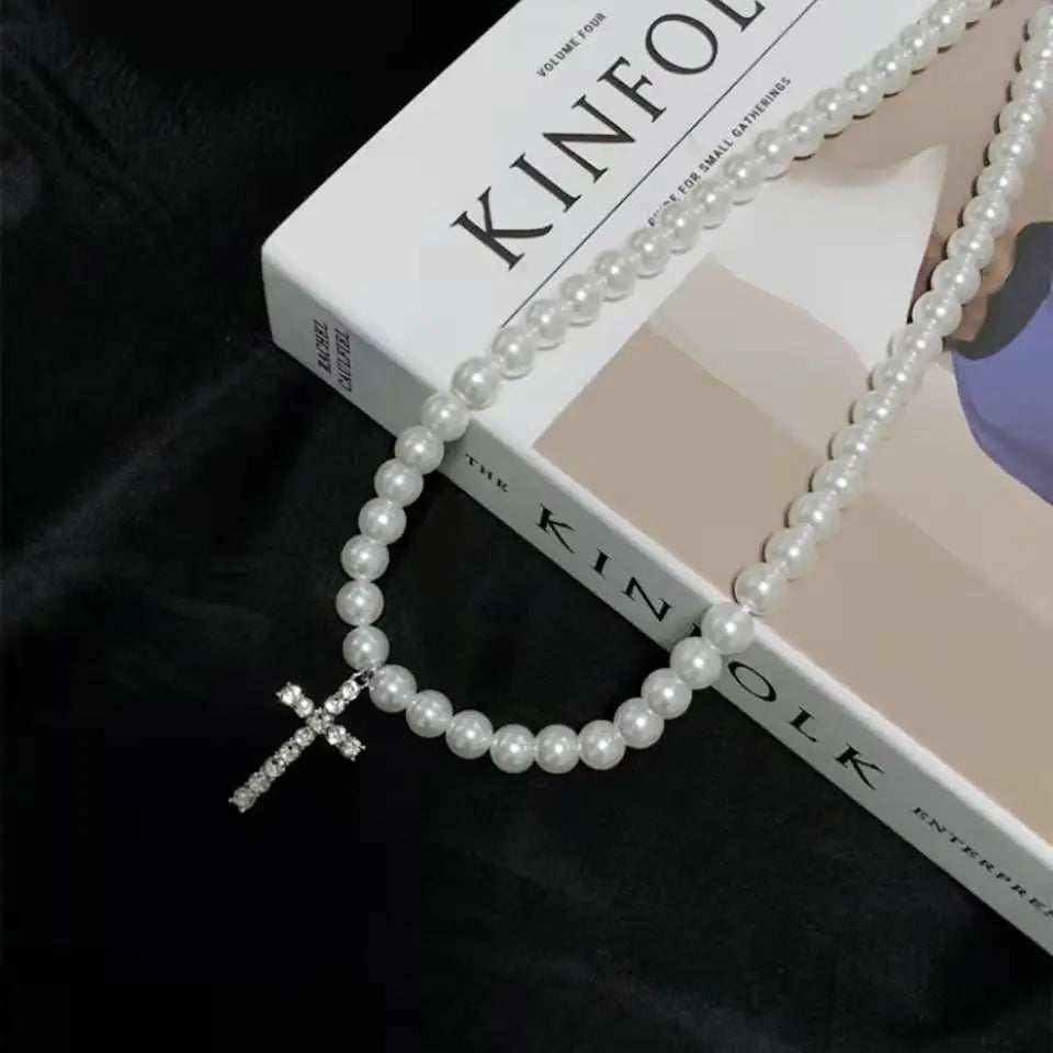 Pearl Cross Hip Hop Necklace