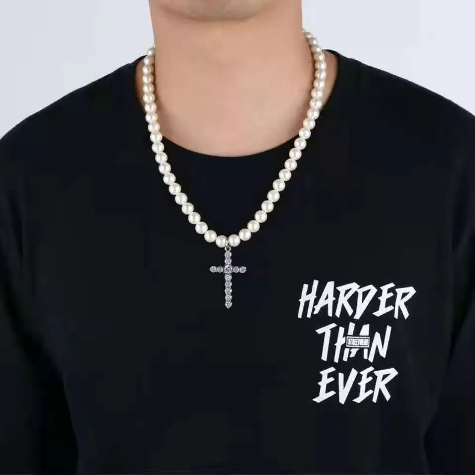 Pearl Cross Hip Hop Necklace