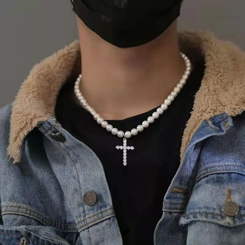 Pearl Cross Hip Hop Necklace