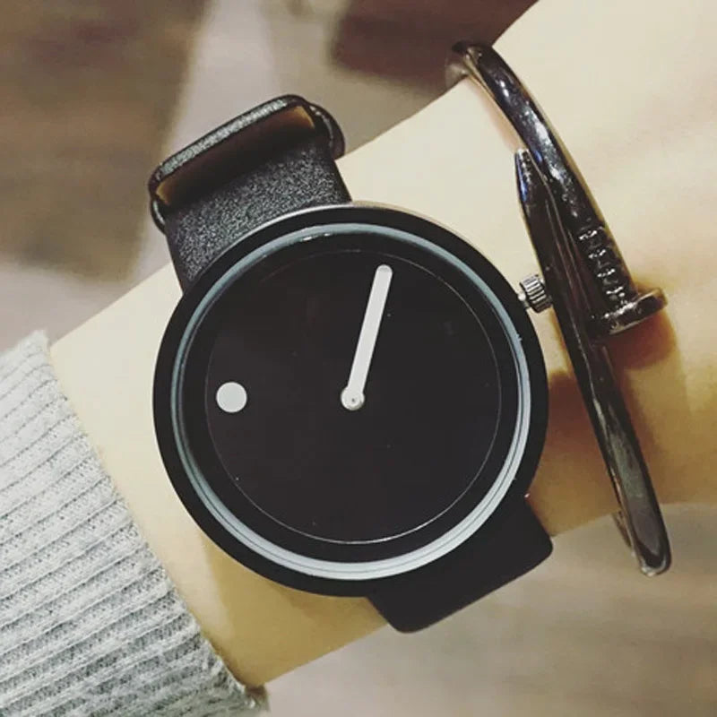 Minimalist Dot & Line Quartz Watch with Leather Strap
