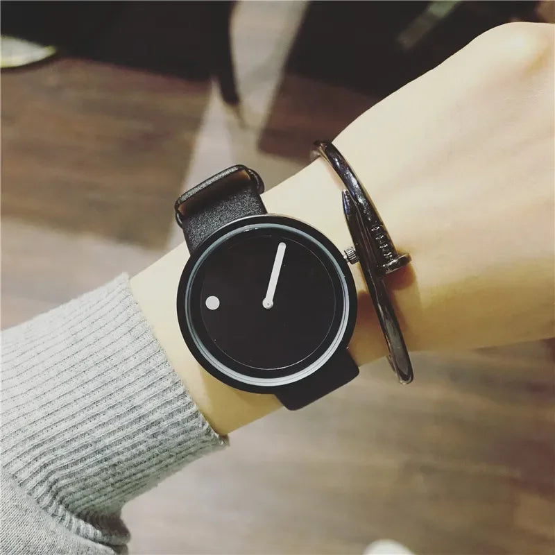 Minimalist Dot & Line Quartz Watch with Leather Strap