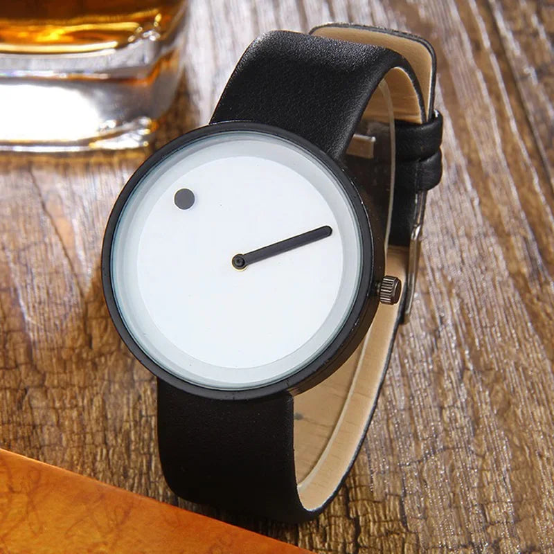 Minimalist Dot & Line Quartz Watch with Leather Strap