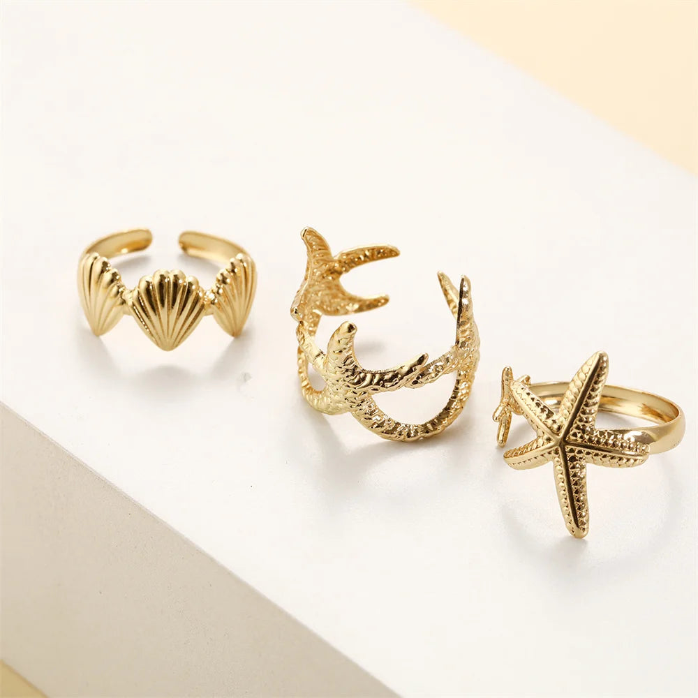 Boho Shell & Starfish Adjustable Ring Set