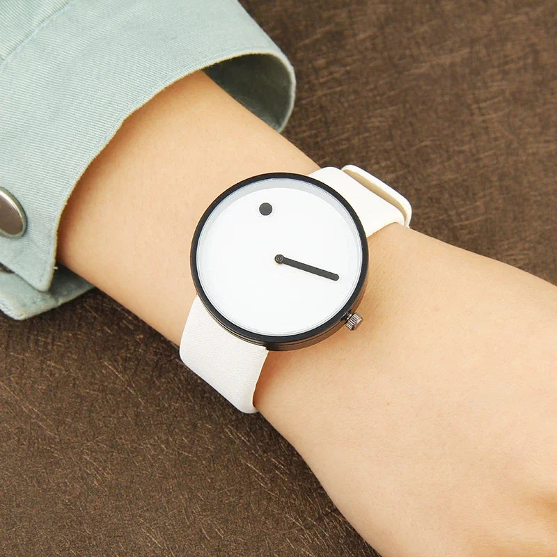 Minimalist Dot & Line Quartz Watch with Leather Strap