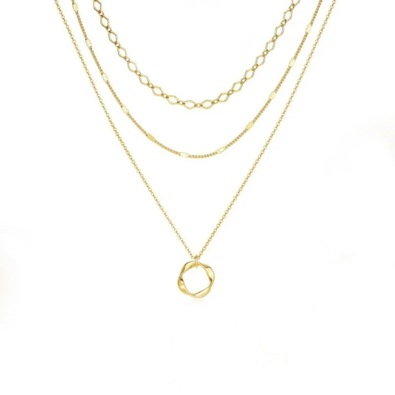 Layered Gold Circle Pendant Necklace Set