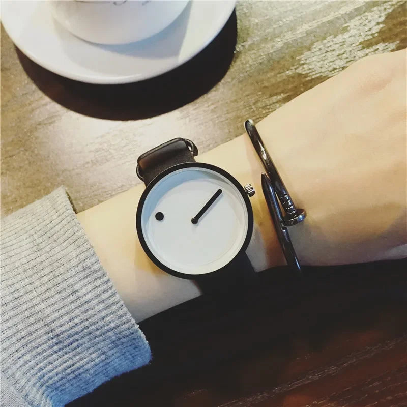 Minimalist Dot & Line Quartz Watch with Leather Strap