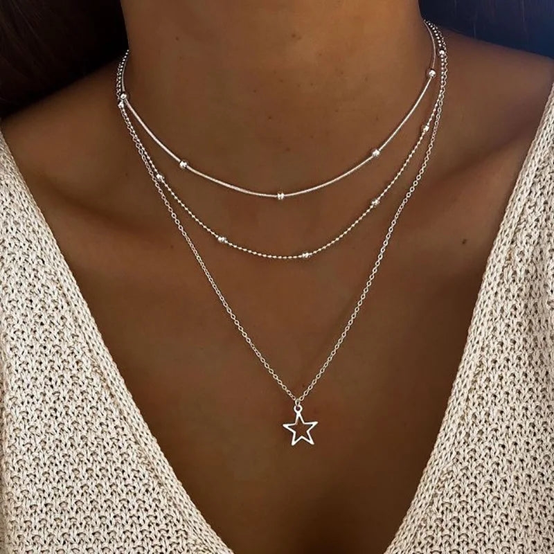 Layered Gold Circle Pendant Necklace Set