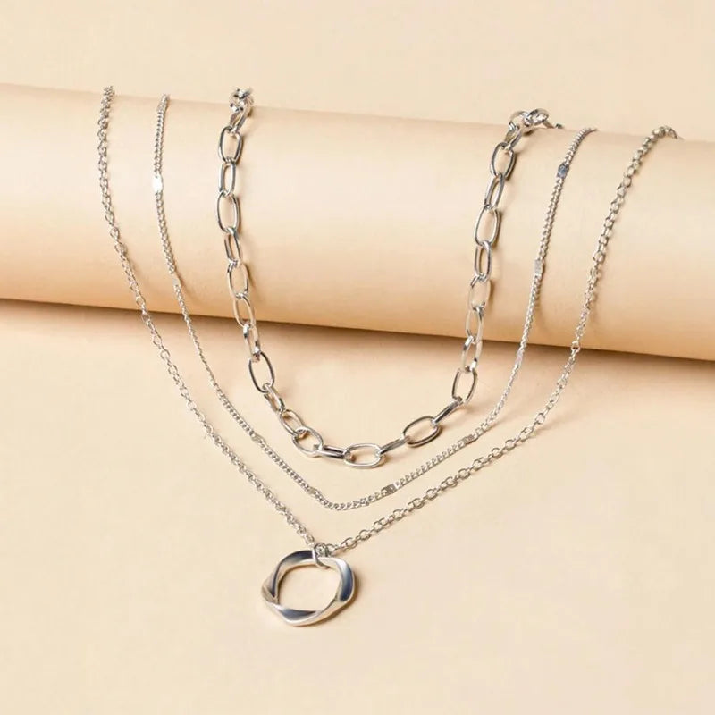 Layered Gold Circle Pendant Necklace Set