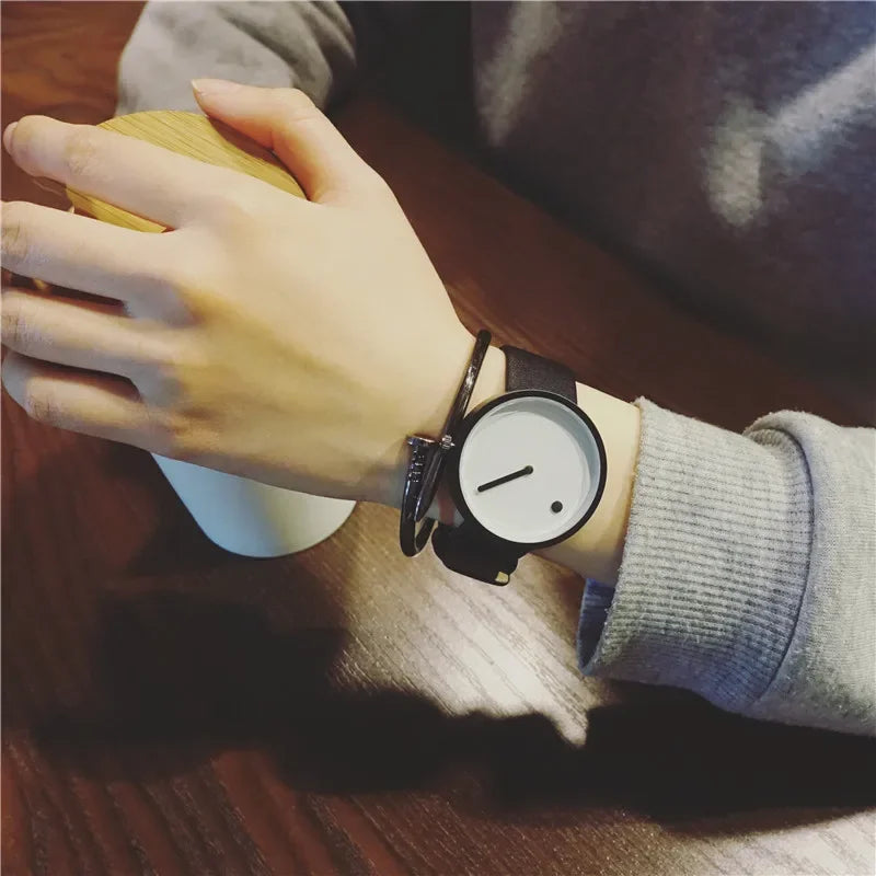 Minimalist Dot & Line Quartz Watch with Leather Strap