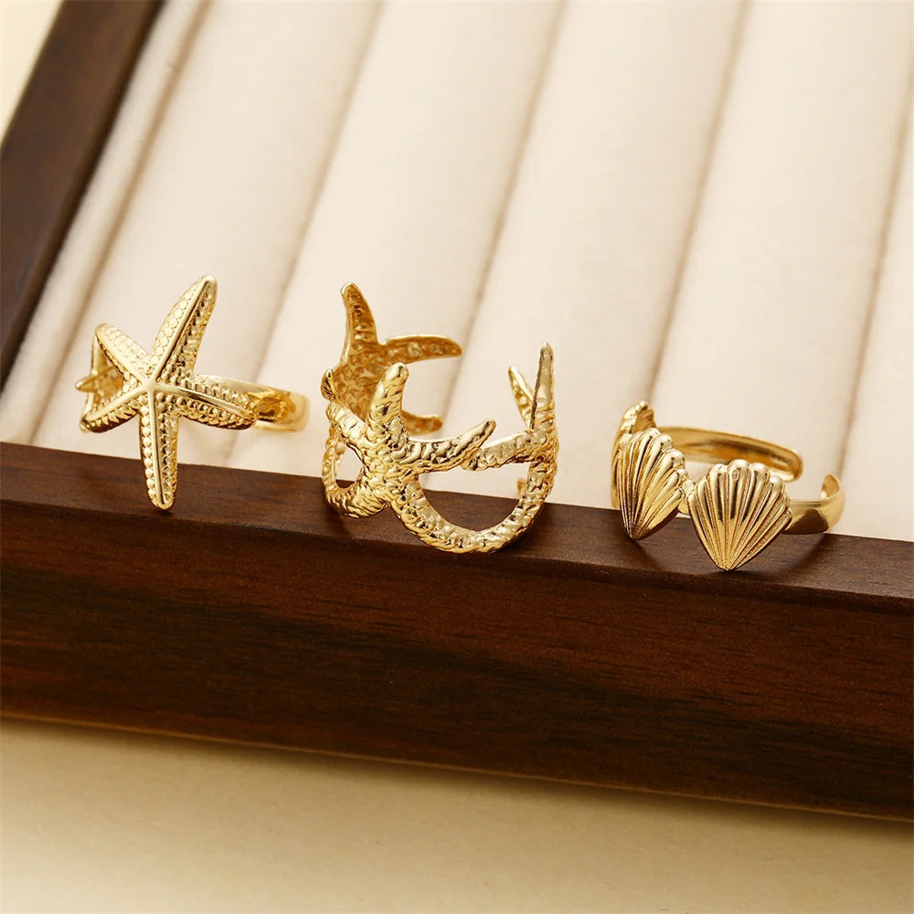 Boho Shell & Starfish Adjustable Ring Set