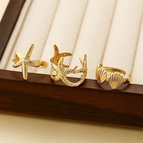 Boho Shell & Starfish Adjustable Ring Set