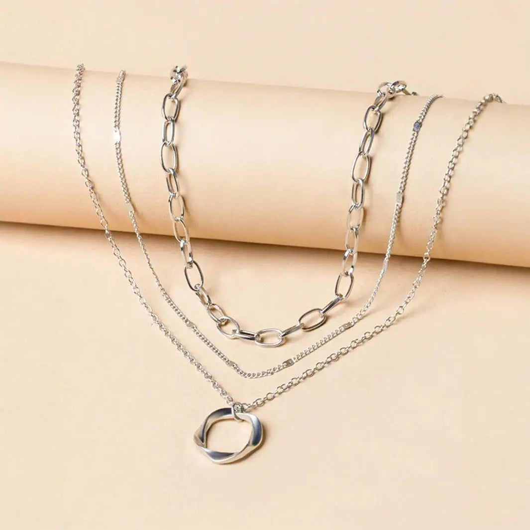 Layered Gold Circle Pendant Necklace Set