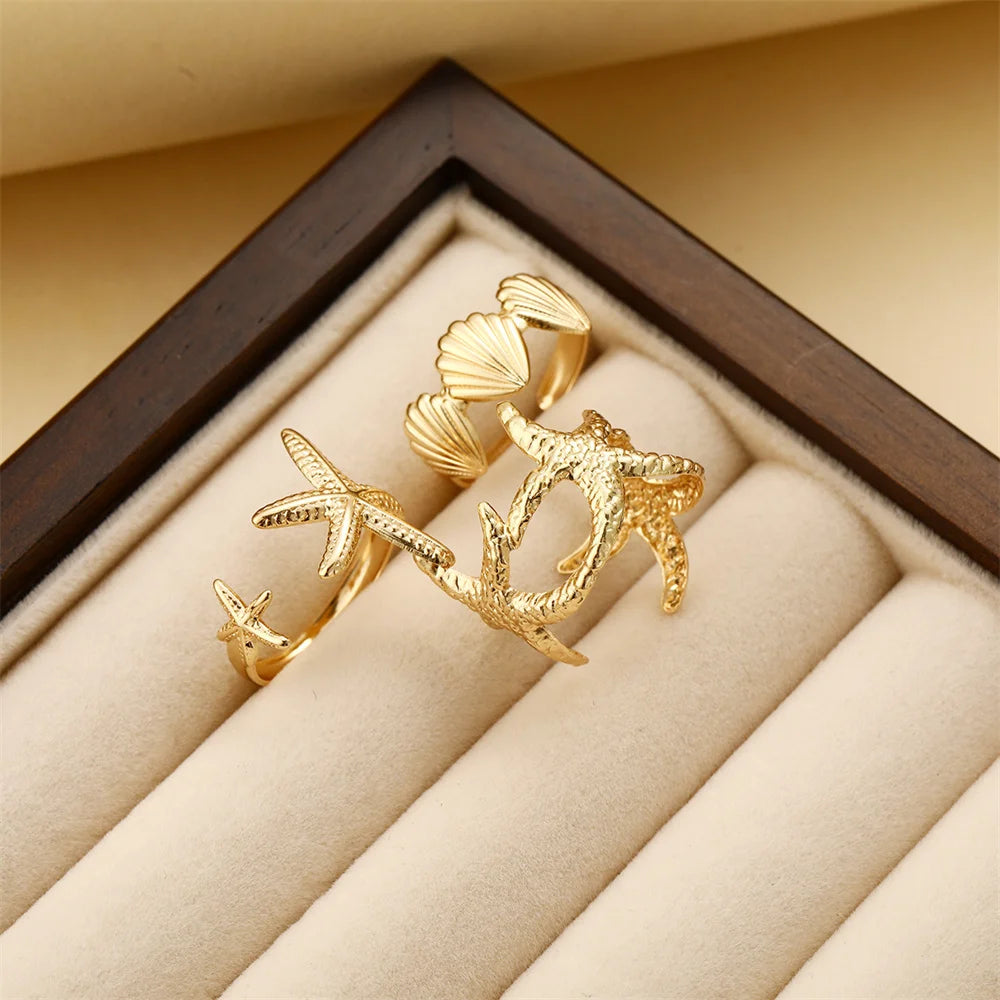 Boho Shell & Starfish Adjustable Ring Set