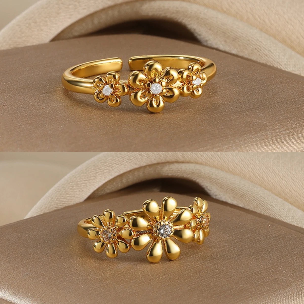 Dainty Daisy Flower Ring with Zircon — Adjustable Gold Ring