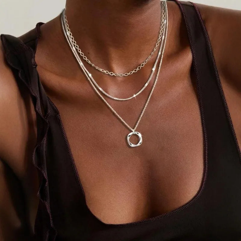 Layered Gold Circle Pendant Necklace Set