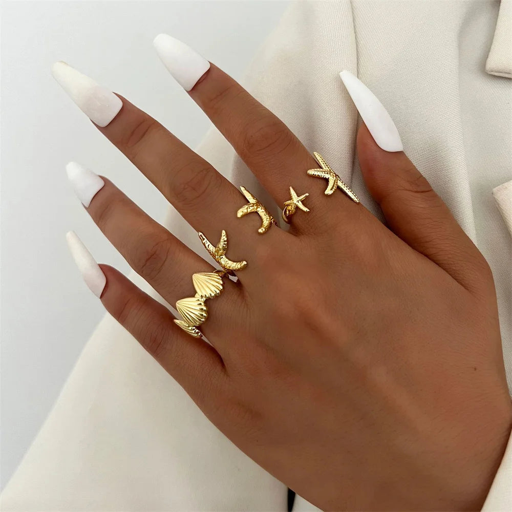 Boho Shell & Starfish Adjustable Ring Set