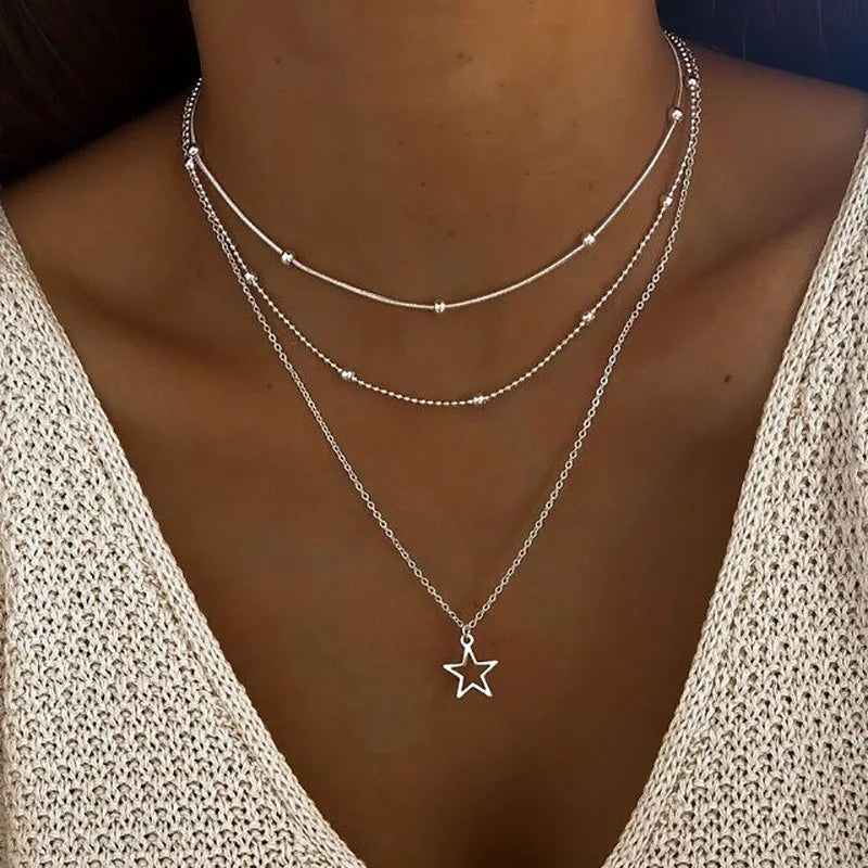 Layered Gold Circle Pendant Necklace Set