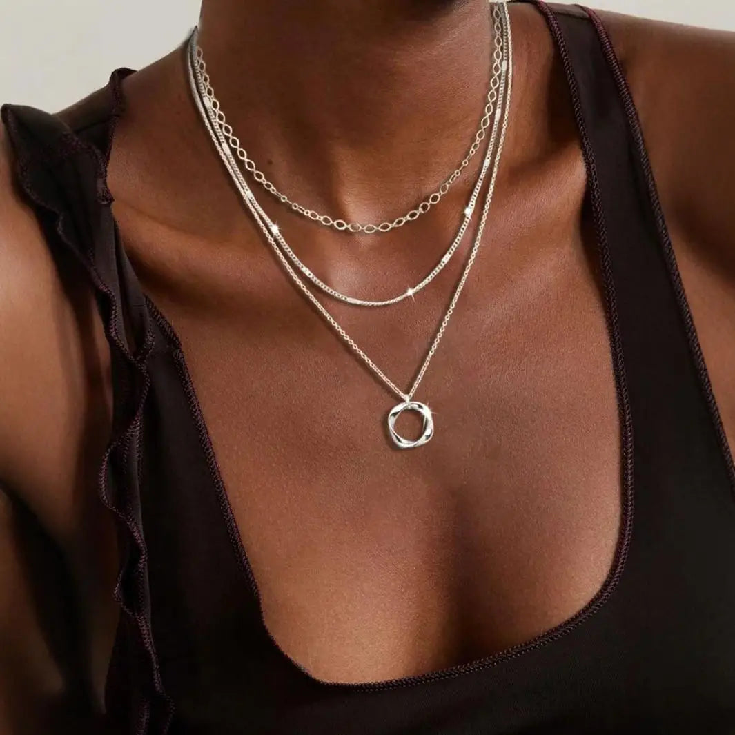 Layered Gold Circle Pendant Necklace Set