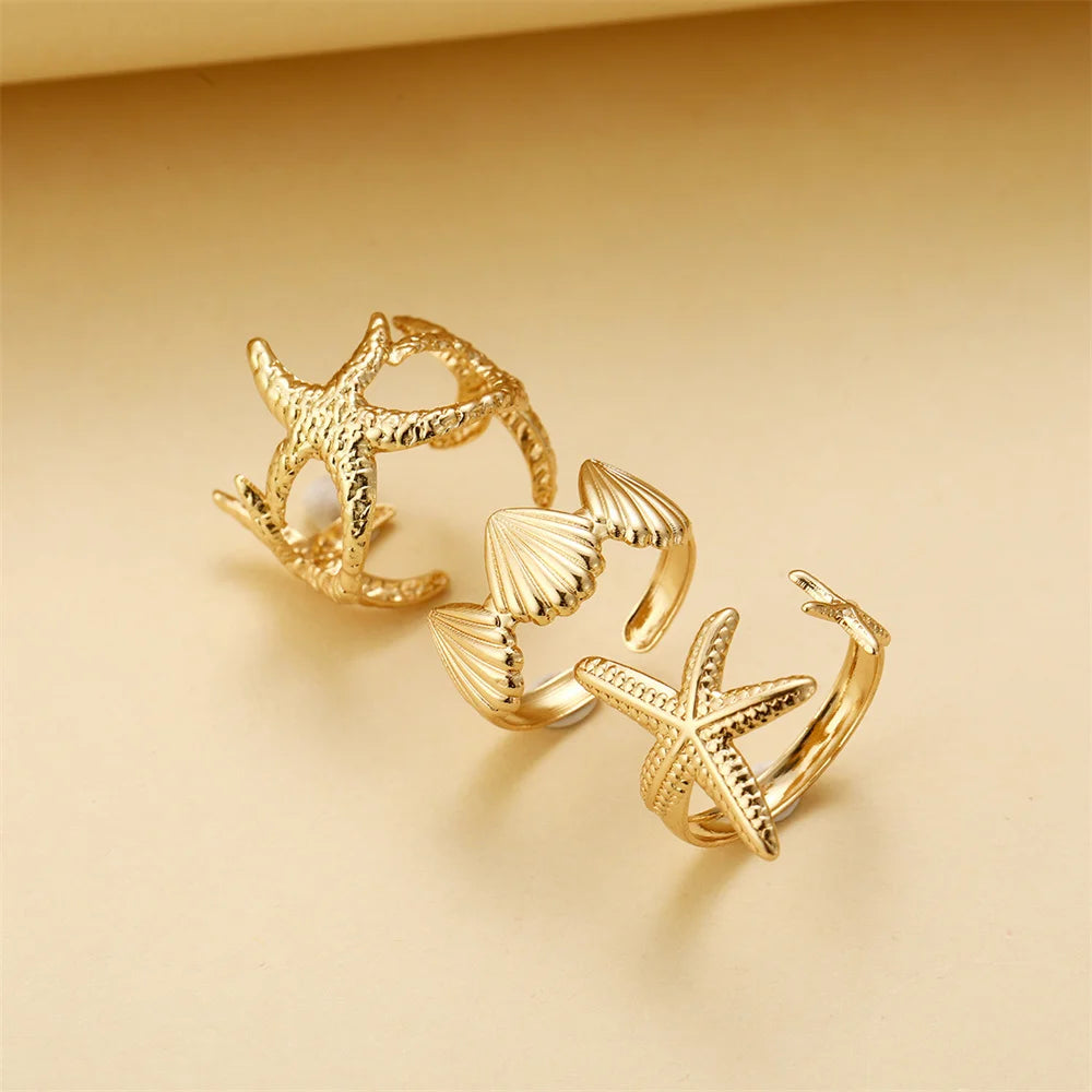Boho Shell & Starfish Adjustable Ring Set