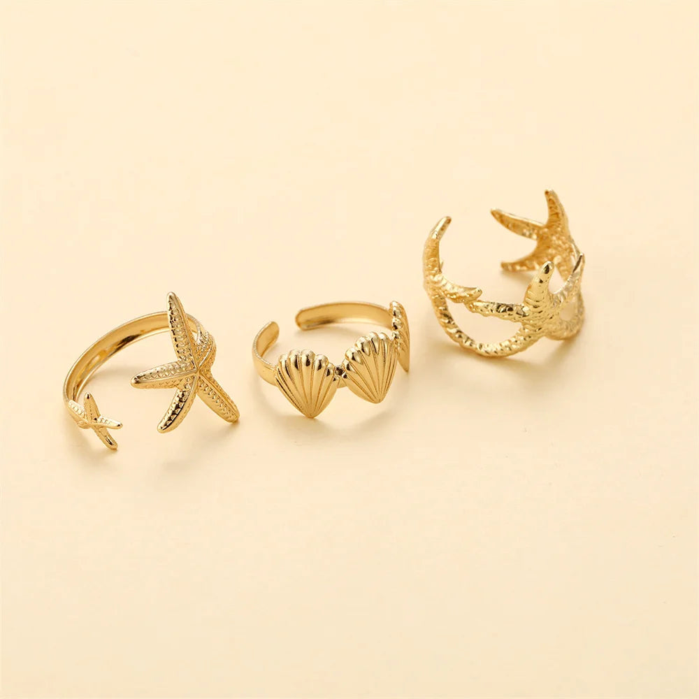 Boho Shell & Starfish Adjustable Ring Set
